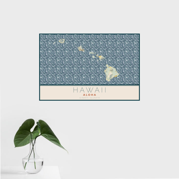 16x24 Hawaii Aloha Map Print Landscape Orientation in Woodblock Style With Tropical Plant Leaves in Water