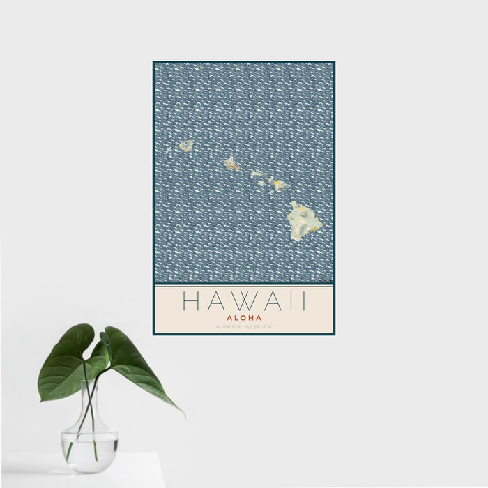 16x24 Hawaii Aloha Map Print Portrait Orientation in Woodblock Style With Tropical Plant Leaves in Water