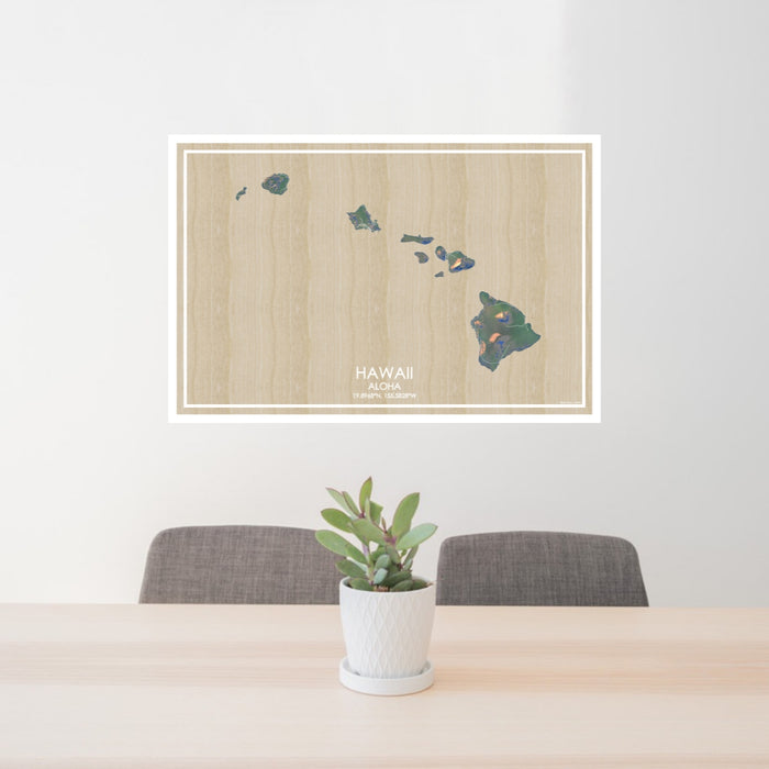 24x36 Hawaii Aloha Map Print Lanscape Orientation in Afternoon Style Behind 2 Chairs Table and Potted Plant