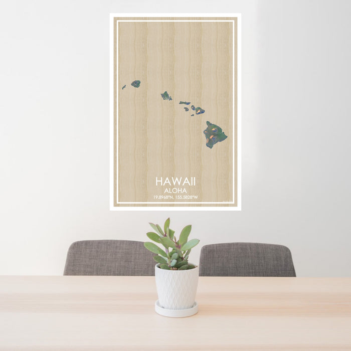24x36 Hawaii Aloha Map Print Portrait Orientation in Afternoon Style Behind 2 Chairs Table and Potted Plant