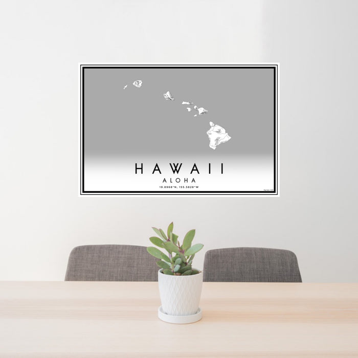 24x36 Hawaii Aloha Map Print Lanscape Orientation in Classic Style Behind 2 Chairs Table and Potted Plant
