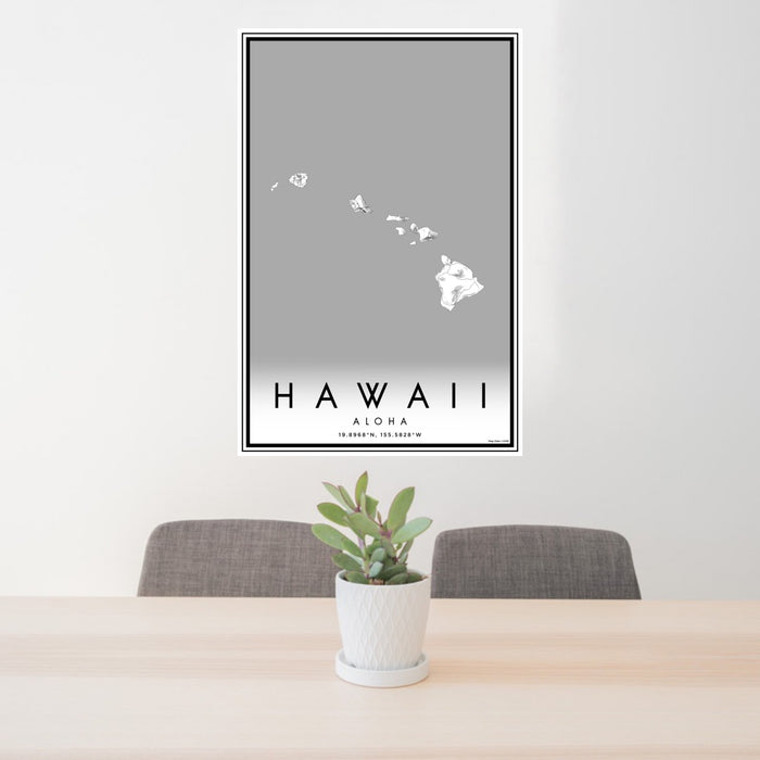 24x36 Hawaii Aloha Map Print Portrait Orientation in Classic Style Behind 2 Chairs Table and Potted Plant