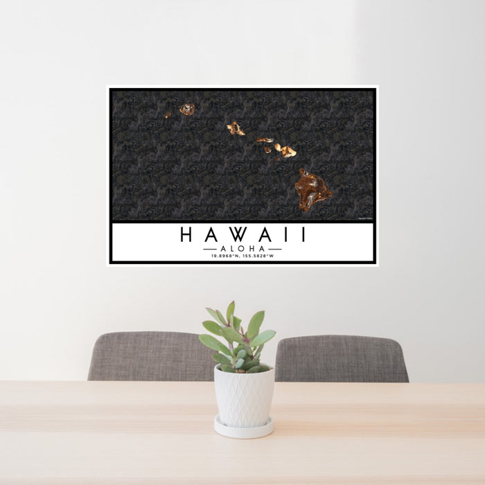 24x36 Hawaii Aloha Map Print Lanscape Orientation in Ember Style Behind 2 Chairs Table and Potted Plant
