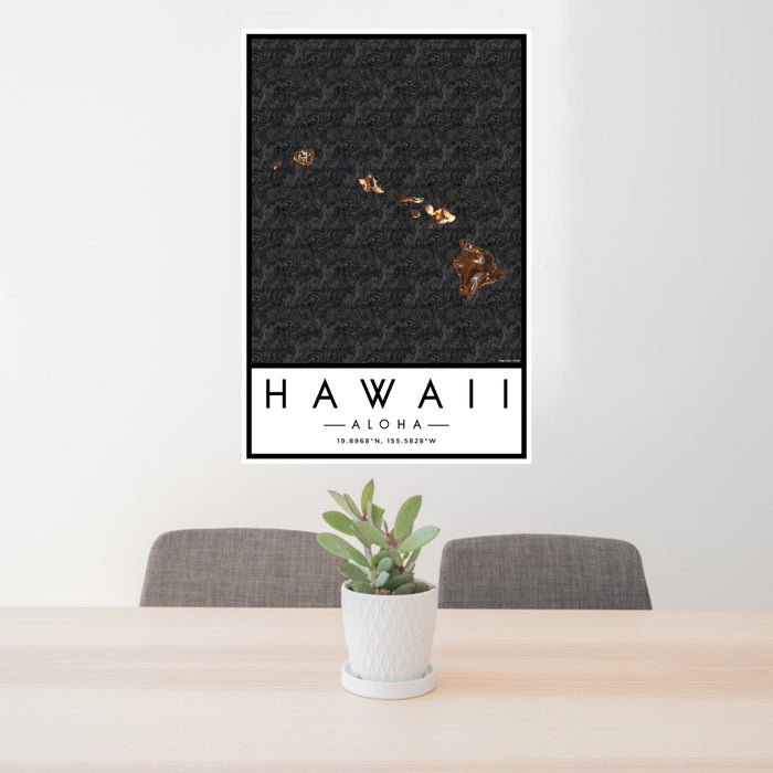 24x36 Hawaii Aloha Map Print Portrait Orientation in Ember Style Behind 2 Chairs Table and Potted Plant