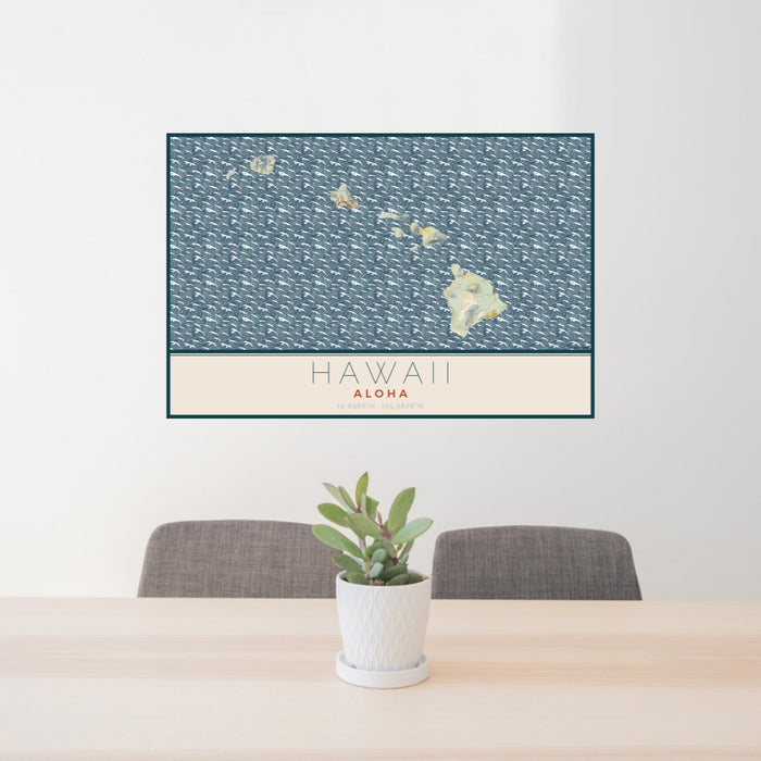 24x36 Hawaii Aloha Map Print Lanscape Orientation in Woodblock Style Behind 2 Chairs Table and Potted Plant