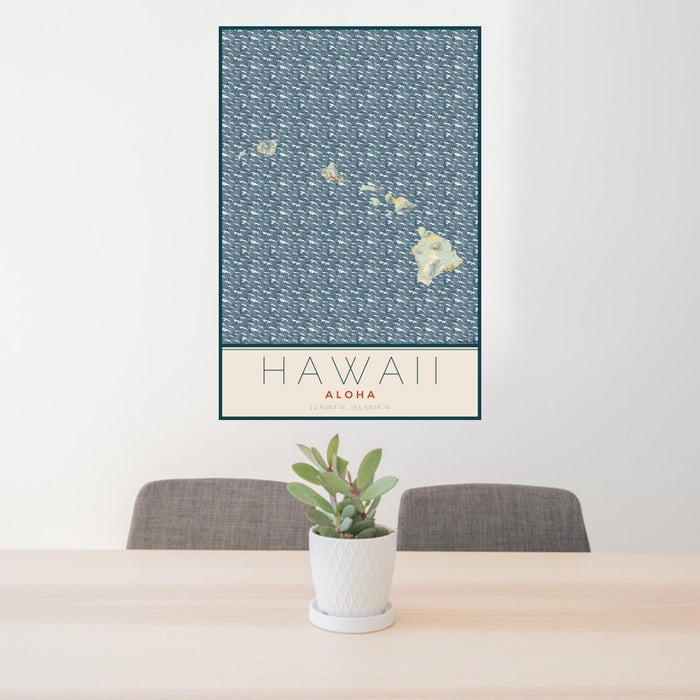 24x36 Hawaii Aloha Map Print Portrait Orientation in Woodblock Style Behind 2 Chairs Table and Potted Plant