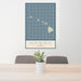 24x36 Hawaii Aloha Map Print Portrait Orientation in Woodblock Style Behind 2 Chairs Table and Potted Plant