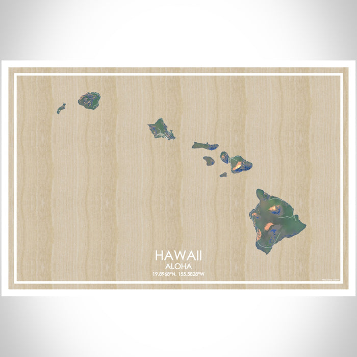 Hawaii Aloha Map Print Landscape Orientation in Afternoon Style With Shaded Background
