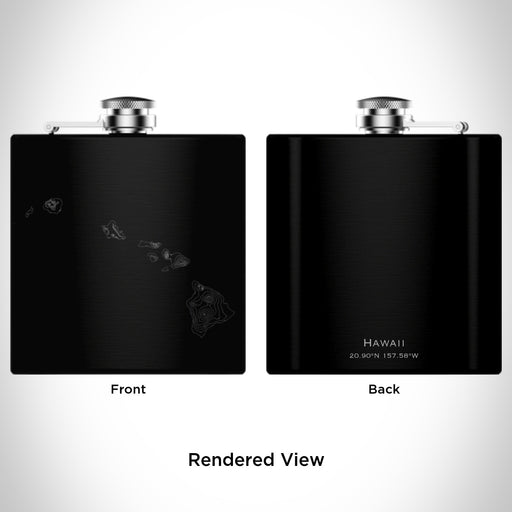 Rendered View of Hawaii Aloha Map Engraving on 6oz Stainless Steel Flask in Black
