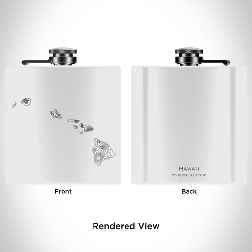 Rendered View of Hawaii Aloha Map Engraving on 6oz Stainless Steel Flask in White