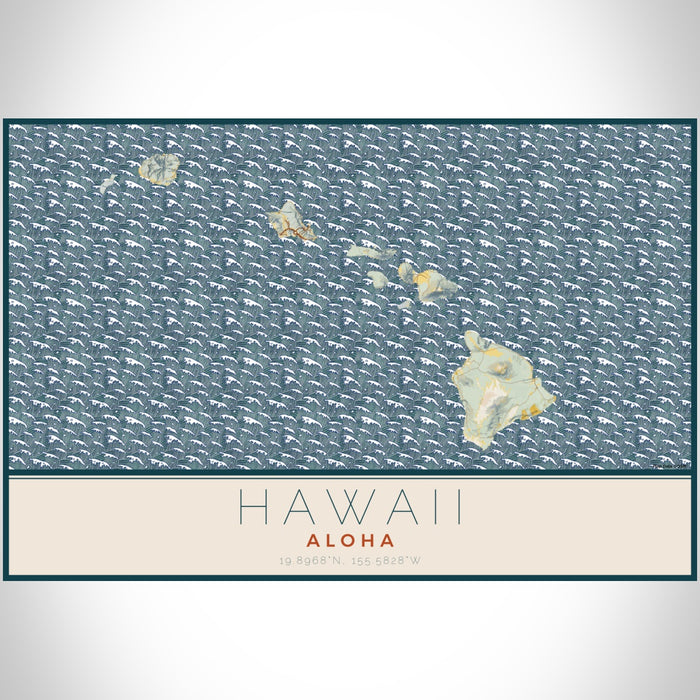 Hawaii Aloha Map Print Landscape Orientation in Woodblock Style With Shaded Background