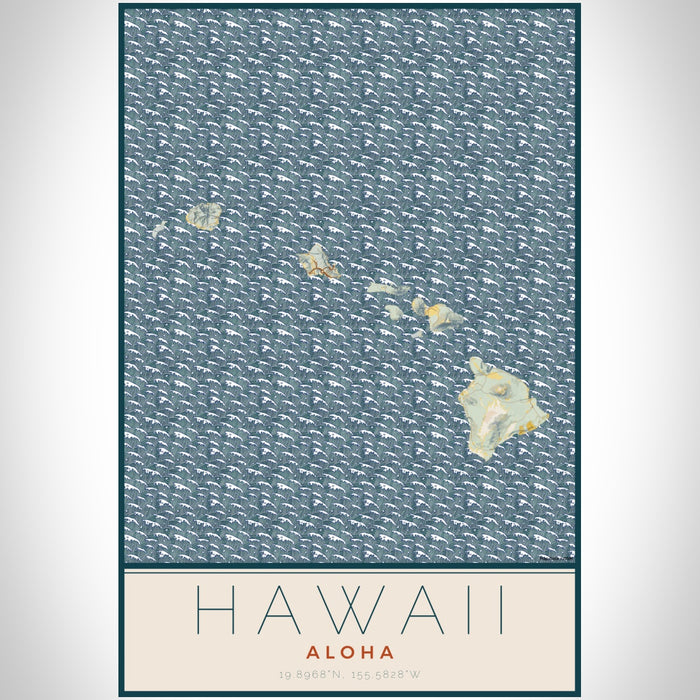 Hawaii Aloha Map Print Portrait Orientation in Woodblock Style With Shaded Background