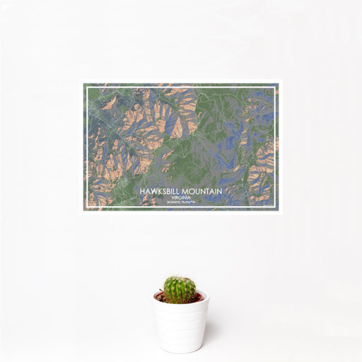 12x18 Hawksbill Mountain Virginia Map Print Landscape Orientation in Afternoon Style With Small Cactus Plant in White Planter