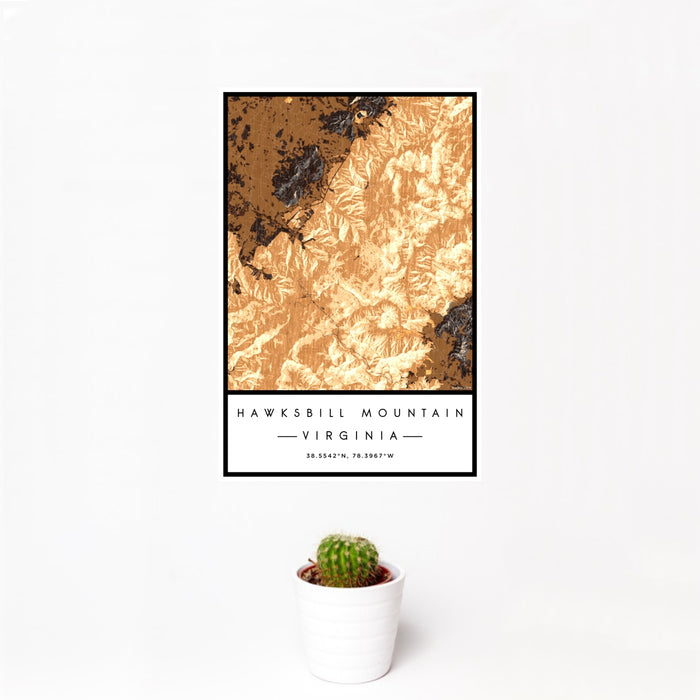 12x18 Hawksbill Mountain Virginia Map Print Portrait Orientation in Ember Style With Small Cactus Plant in White Planter