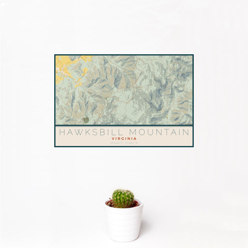 12x18 Hawksbill Mountain Virginia Map Print Landscape Orientation in Woodblock Style With Small Cactus Plant in White Planter