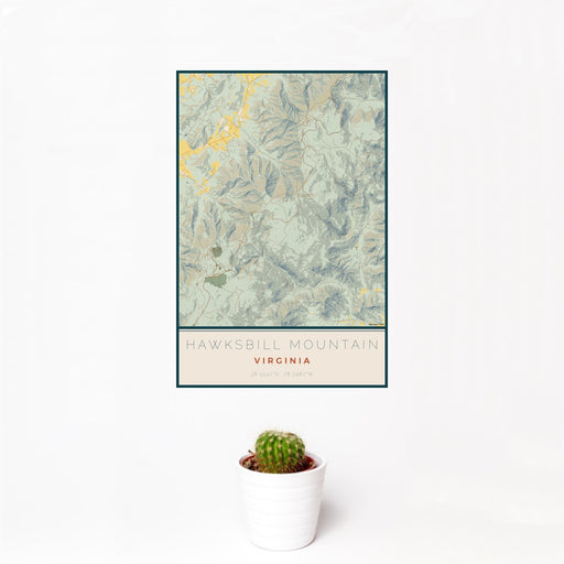 12x18 Hawksbill Mountain Virginia Map Print Portrait Orientation in Woodblock Style With Small Cactus Plant in White Planter