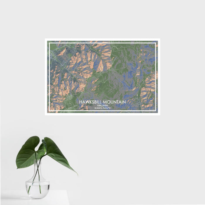 16x24 Hawksbill Mountain Virginia Map Print Landscape Orientation in Afternoon Style With Tropical Plant Leaves in Water