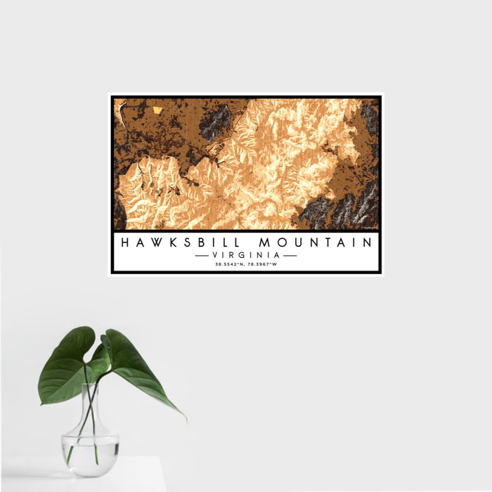 16x24 Hawksbill Mountain Virginia Map Print Landscape Orientation in Ember Style With Tropical Plant Leaves in Water