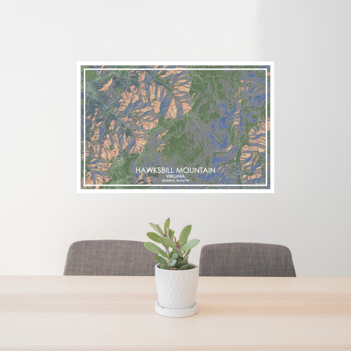 24x36 Hawksbill Mountain Virginia Map Print Lanscape Orientation in Afternoon Style Behind 2 Chairs Table and Potted Plant