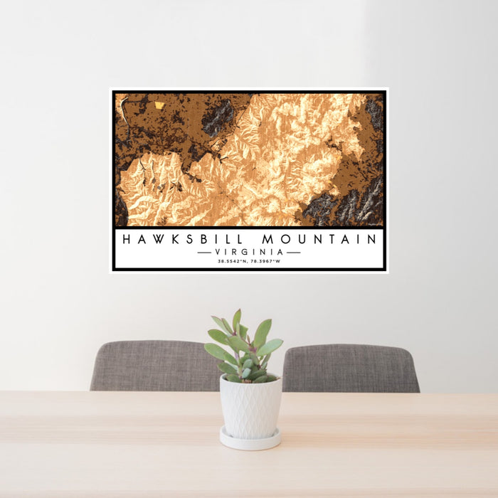 24x36 Hawksbill Mountain Virginia Map Print Lanscape Orientation in Ember Style Behind 2 Chairs Table and Potted Plant