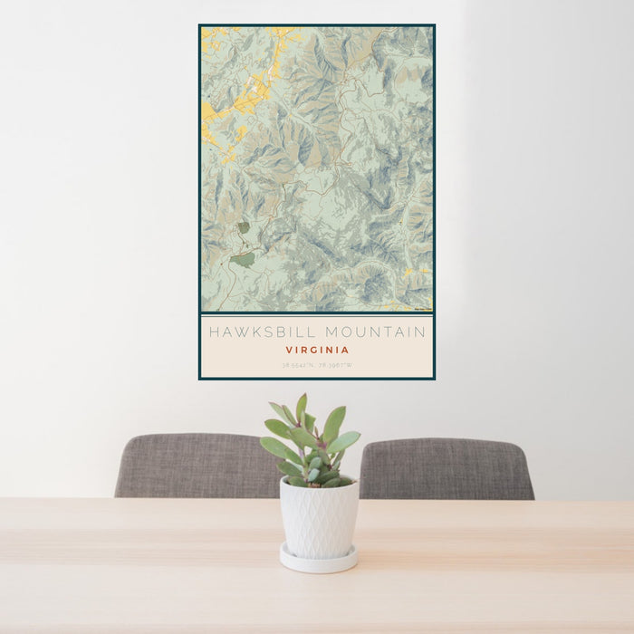 24x36 Hawksbill Mountain Virginia Map Print Portrait Orientation in Woodblock Style Behind 2 Chairs Table and Potted Plant