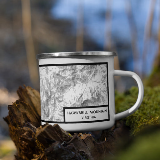 Right View Custom Hawksbill Mountain Virginia Map Enamel Mug in Classic on Grass With Trees in Background