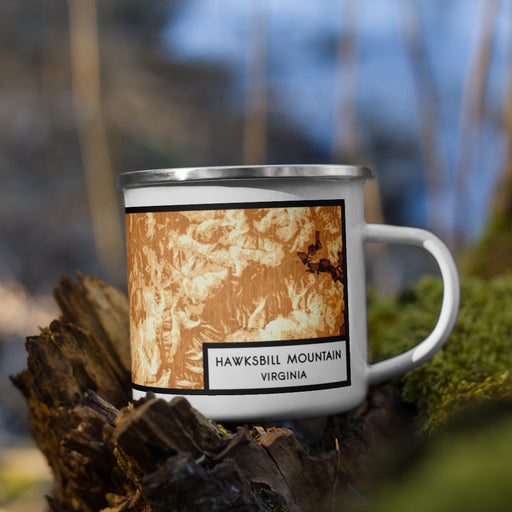 Right View Custom Hawksbill Mountain Virginia Map Enamel Mug in Ember on Grass With Trees in Background