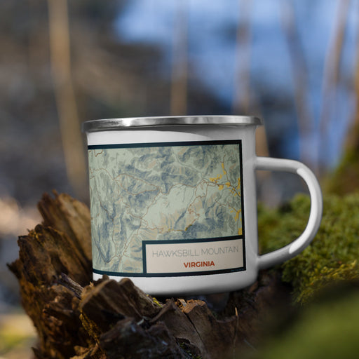 Right View Custom Hawksbill Mountain Virginia Map Enamel Mug in Woodblock on Grass With Trees in Background
