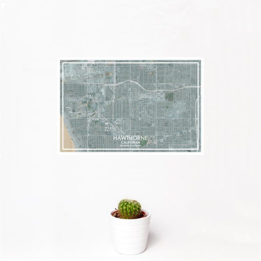 12x18 Hawthorne California Map Print Landscape Orientation in Afternoon Style With Small Cactus Plant in White Planter