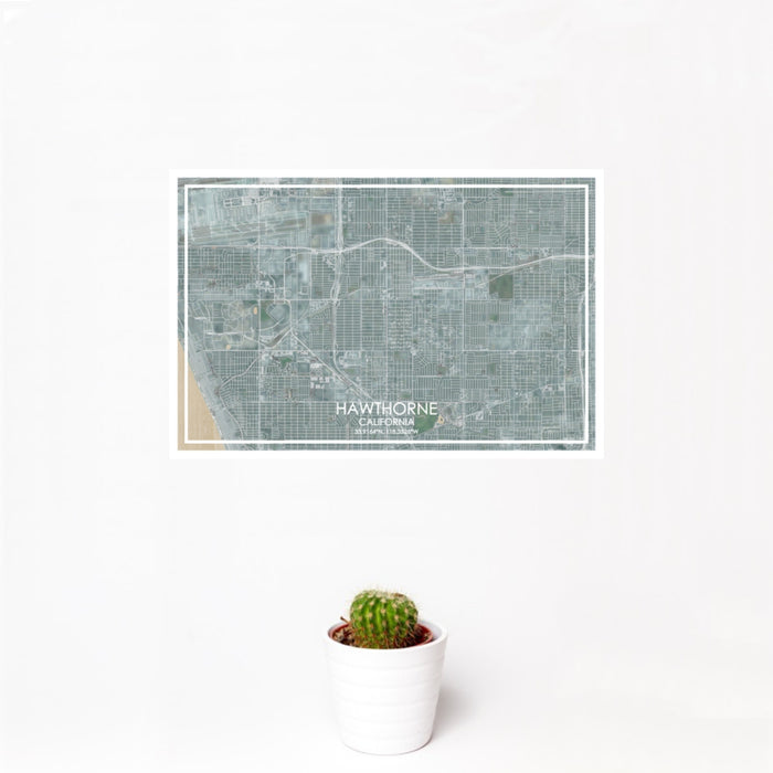 12x18 Hawthorne California Map Print Landscape Orientation in Afternoon Style With Small Cactus Plant in White Planter
