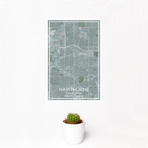 12x18 Hawthorne California Map Print Portrait Orientation in Afternoon Style With Small Cactus Plant in White Planter