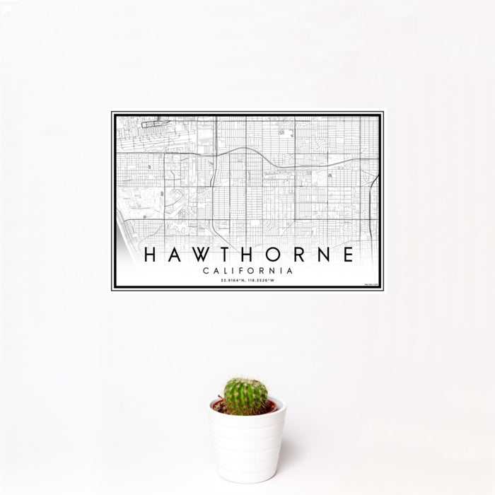 12x18 Hawthorne California Map Print Landscape Orientation in Classic Style With Small Cactus Plant in White Planter