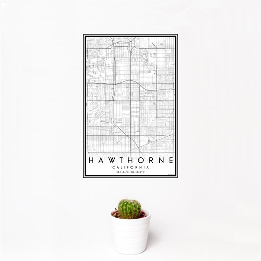 12x18 Hawthorne California Map Print Portrait Orientation in Classic Style With Small Cactus Plant in White Planter