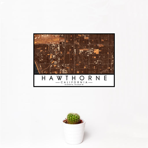 12x18 Hawthorne California Map Print Landscape Orientation in Ember Style With Small Cactus Plant in White Planter