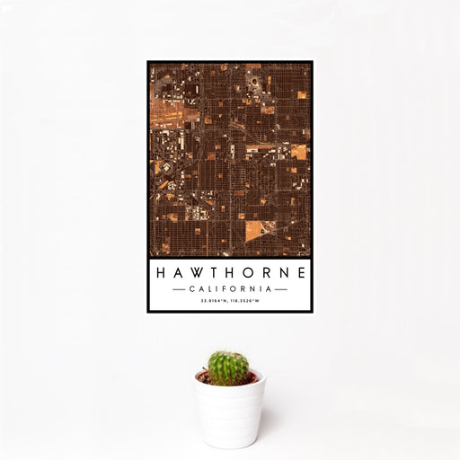 12x18 Hawthorne California Map Print Portrait Orientation in Ember Style With Small Cactus Plant in White Planter