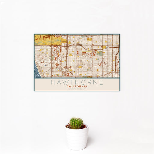 12x18 Hawthorne California Map Print Landscape Orientation in Woodblock Style With Small Cactus Plant in White Planter
