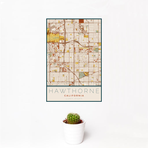 12x18 Hawthorne California Map Print Portrait Orientation in Woodblock Style With Small Cactus Plant in White Planter