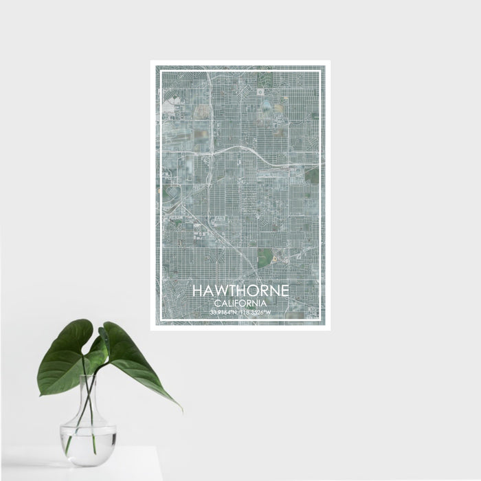 16x24 Hawthorne California Map Print Portrait Orientation in Afternoon Style With Tropical Plant Leaves in Water