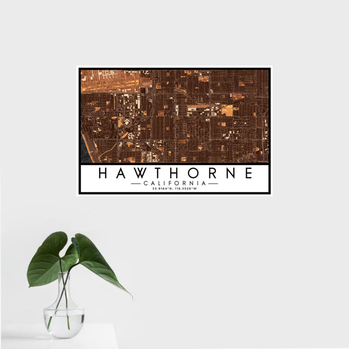 16x24 Hawthorne California Map Print Landscape Orientation in Ember Style With Tropical Plant Leaves in Water