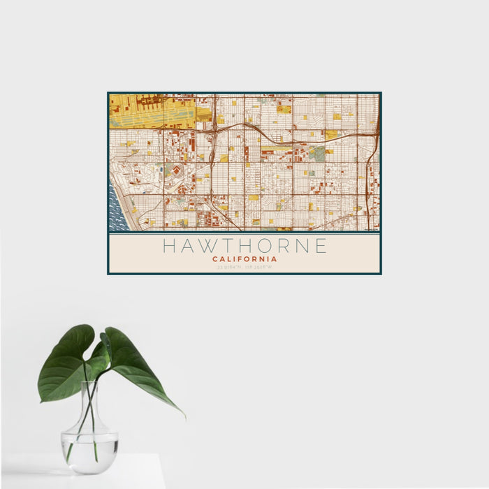 16x24 Hawthorne California Map Print Landscape Orientation in Woodblock Style With Tropical Plant Leaves in Water