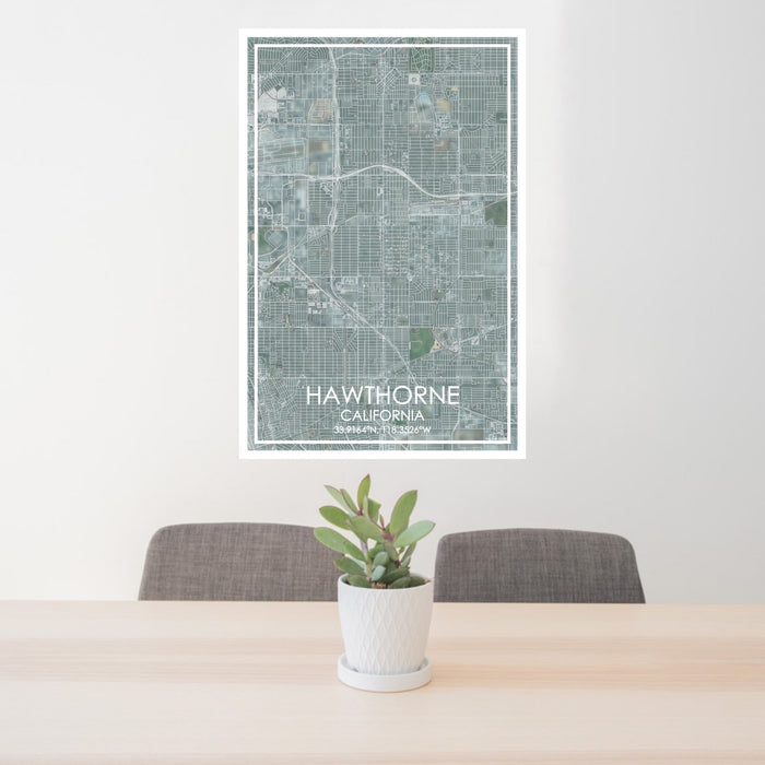 24x36 Hawthorne California Map Print Portrait Orientation in Afternoon Style Behind 2 Chairs Table and Potted Plant