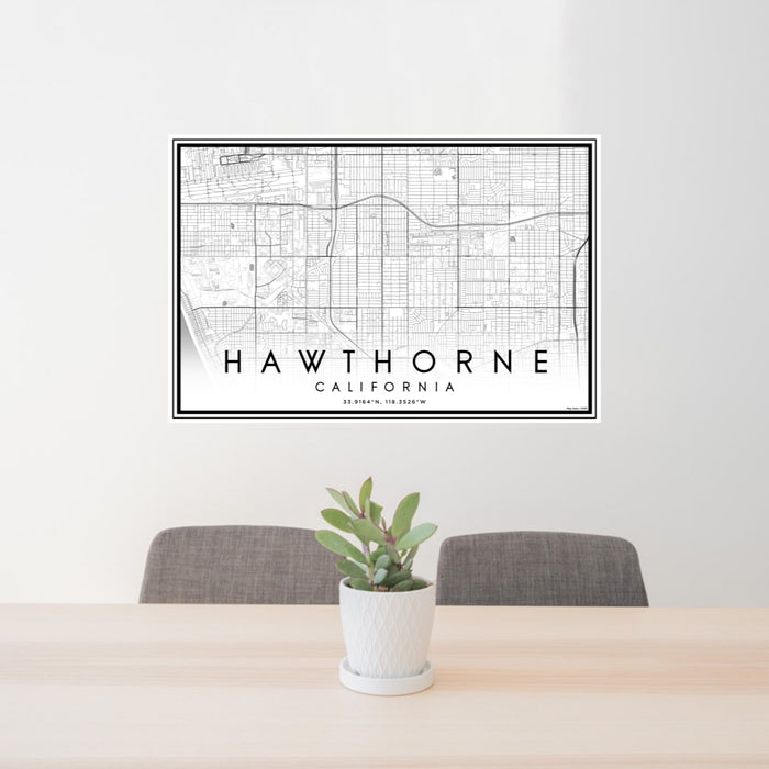 24x36 Hawthorne California Map Print Lanscape Orientation in Classic Style Behind 2 Chairs Table and Potted Plant