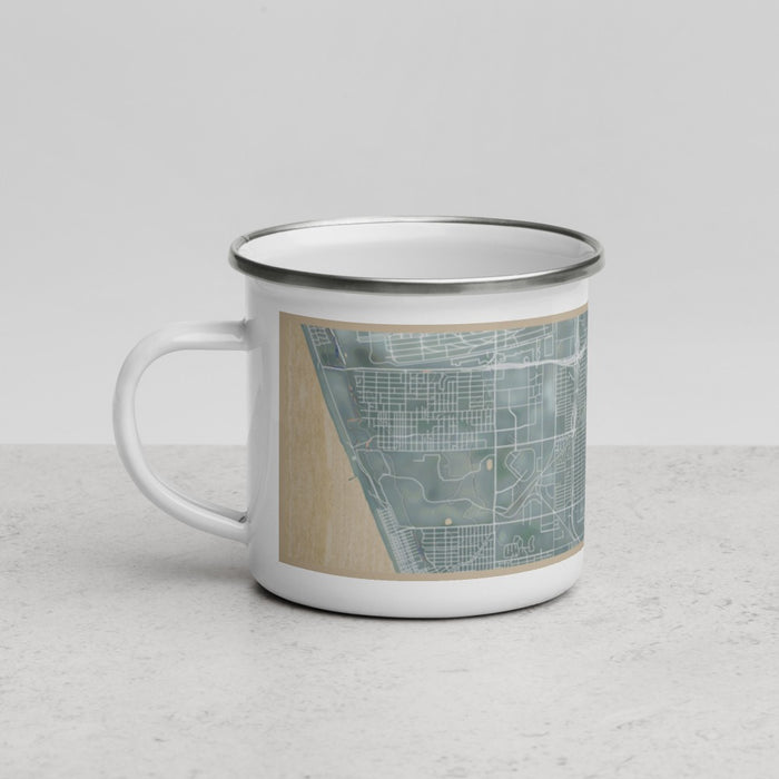 Left View Custom Hawthorne California Map Enamel Mug in Afternoon
