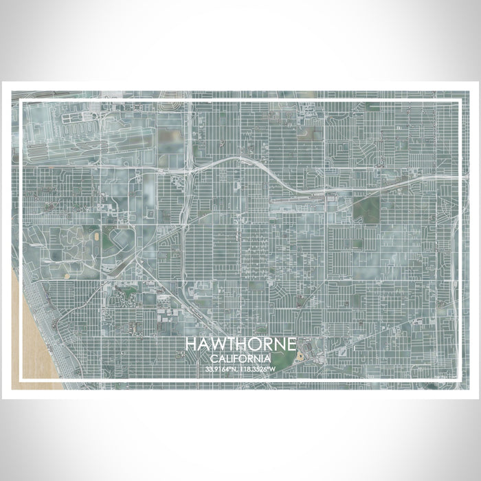 Hawthorne California Map Print Landscape Orientation in Afternoon Style With Shaded Background