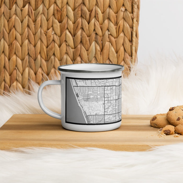 Left View Custom Hawthorne California Map Enamel Mug in Classic on Table Top