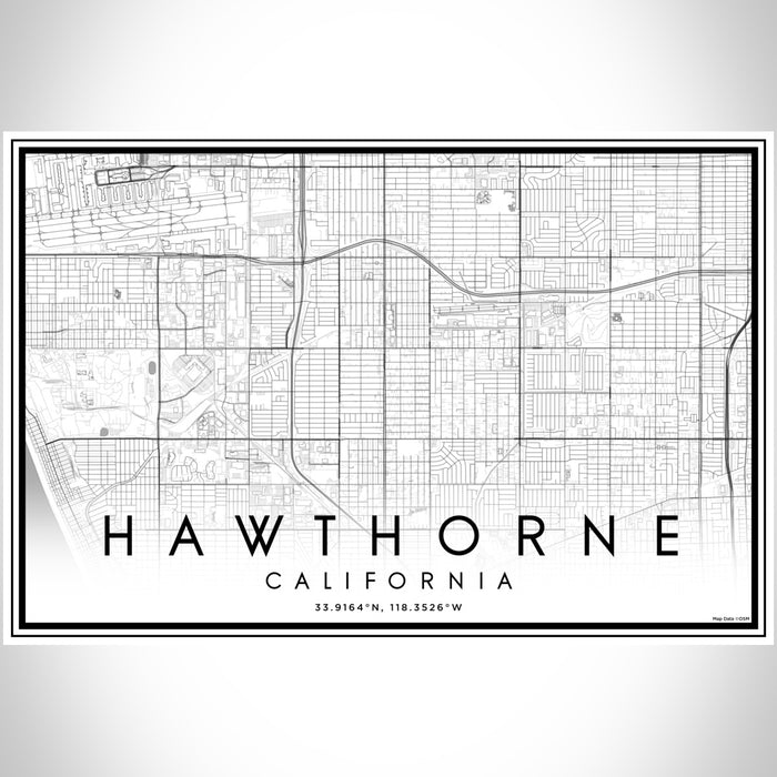 Hawthorne California Map Print Landscape Orientation in Classic Style With Shaded Background