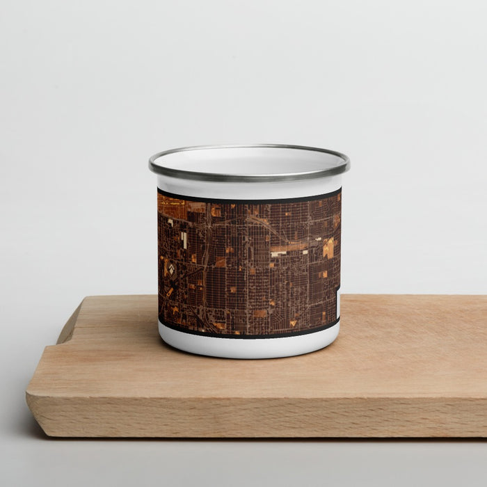 Front View Custom Hawthorne California Map Enamel Mug in Ember on Cutting Board