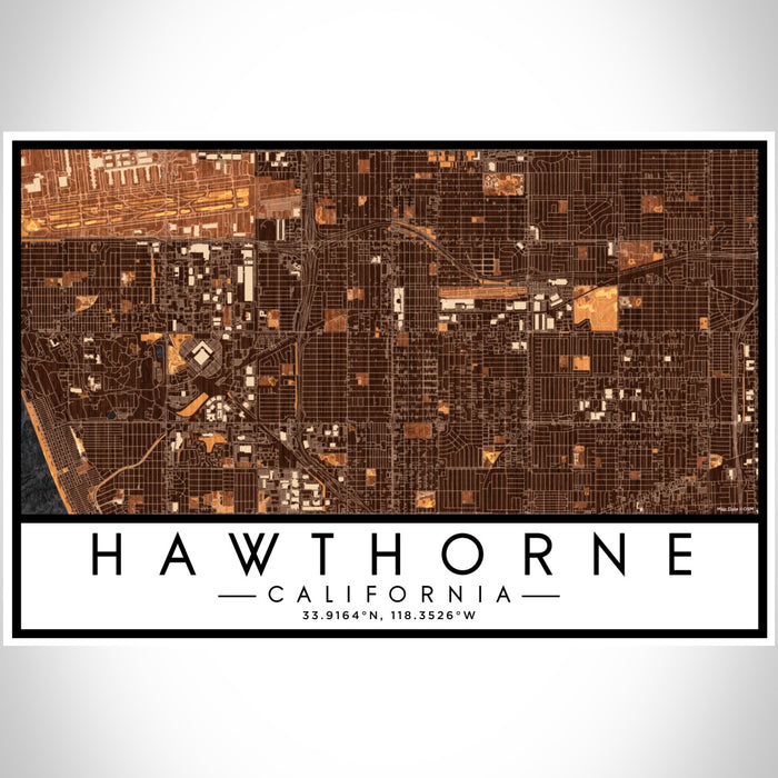Hawthorne California Map Print Landscape Orientation in Ember Style With Shaded Background