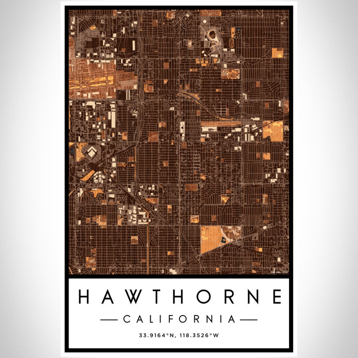 Hawthorne California Map Print Portrait Orientation in Ember Style With Shaded Background