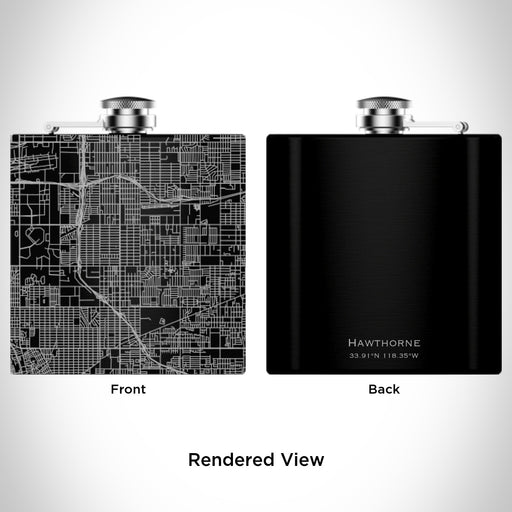 Rendered View of Hawthorne California Map Engraving on 6oz Stainless Steel Flask in Black